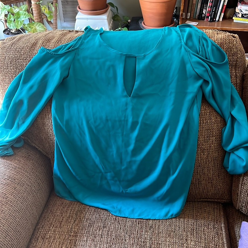 Teal blue green shoulder cut out blouse small